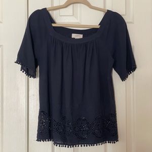 LOFT Navy Crochet Embroidered Blouse Size X-Small